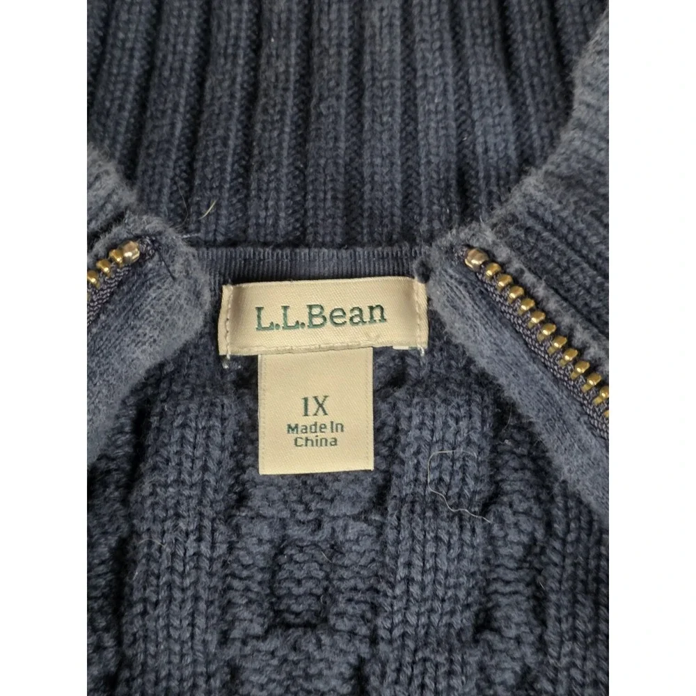 L.L.Bean Sweater Mens XL Navy Blue Cable Knit Full Zip Mock Neck Cardigan Cotton